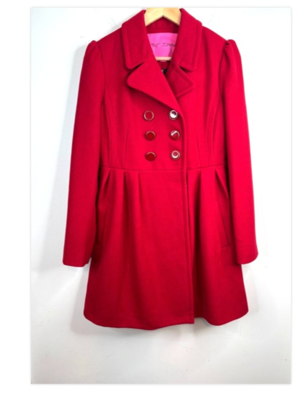 Betsey Johnson Red Wool Blend Peacoat Jacket 8 Leopard Lining Fit Flare Pleated